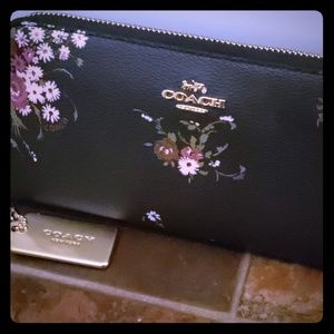 Coach Black and Gold Floral Zip Up Wallet